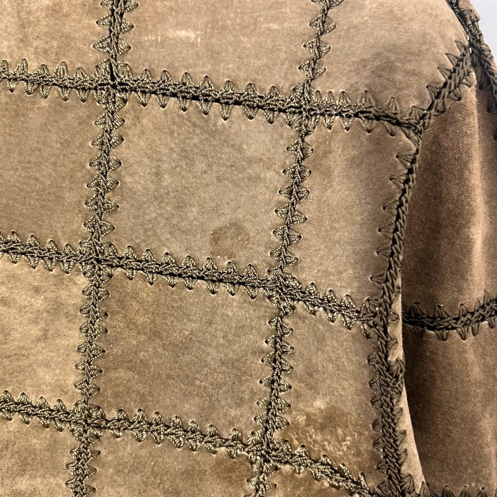 Vintage 90s Cardigan Jacket Womens S Suede Leather Crochet Trim Boho Patchwork - Picture 5 of 8